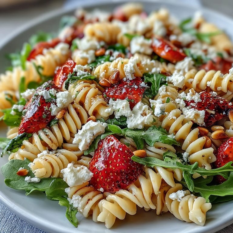 Vibrant pasta salad featuring sweet strawberries, creamy feta, and peppery arugula, tossed in tangy balsamic vinaigrette for a refreshing spring dish.