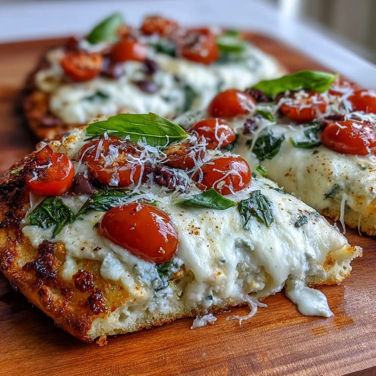 Two rustic cottage cheese flatbread pizzas topped with cherry tomatoes, black olives, and spinach, baked until cheese is melted and golden.  
