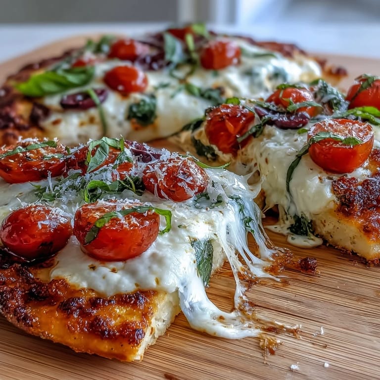Wholesome cottage cheese flatbread pizza with savory pizza sauce and fresh vegetables, perfect for a quick and nutritious family meal.