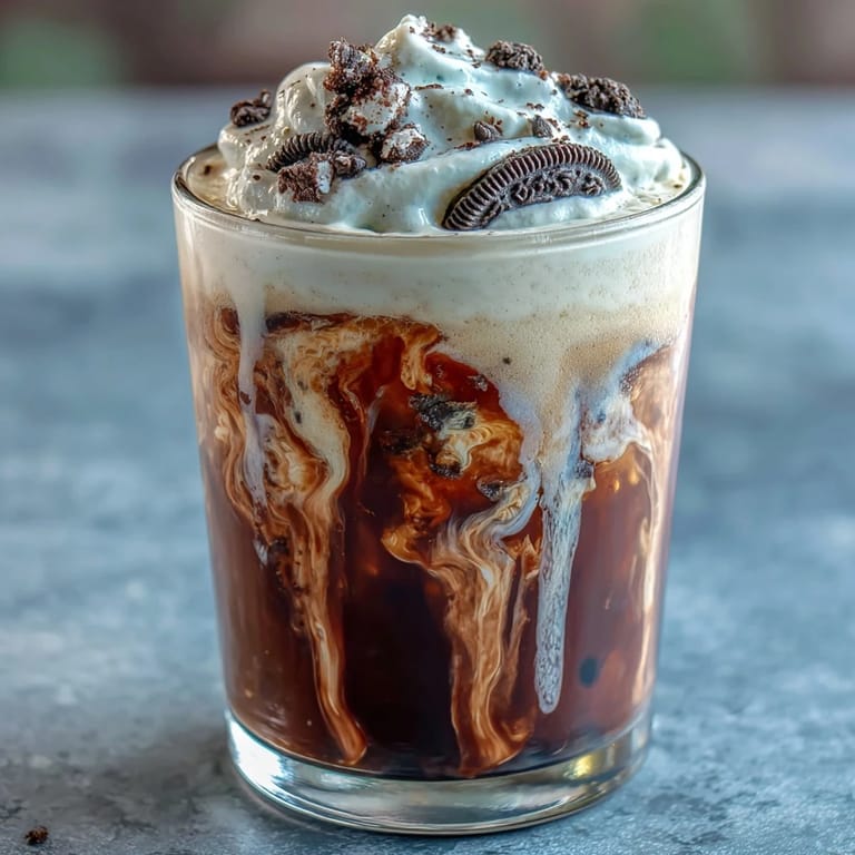 Indulgent Cookies and Cream Cold Brew featuring smooth cold brew and creamy cookie milk, perfect for dessert lovers.