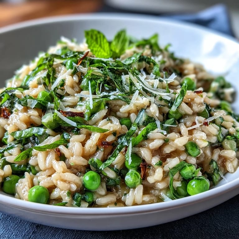 Vibrant spring pea risotto with aged Parmesan, served hot with fresh mint garnish and a sprinkle of lemon zest.
