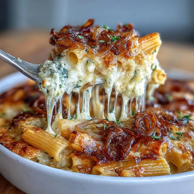 A comforting bowl of French Onion Pasta Bake featuring tender rigatoni, sweet caramelized onions, and a crisp cheese crust.