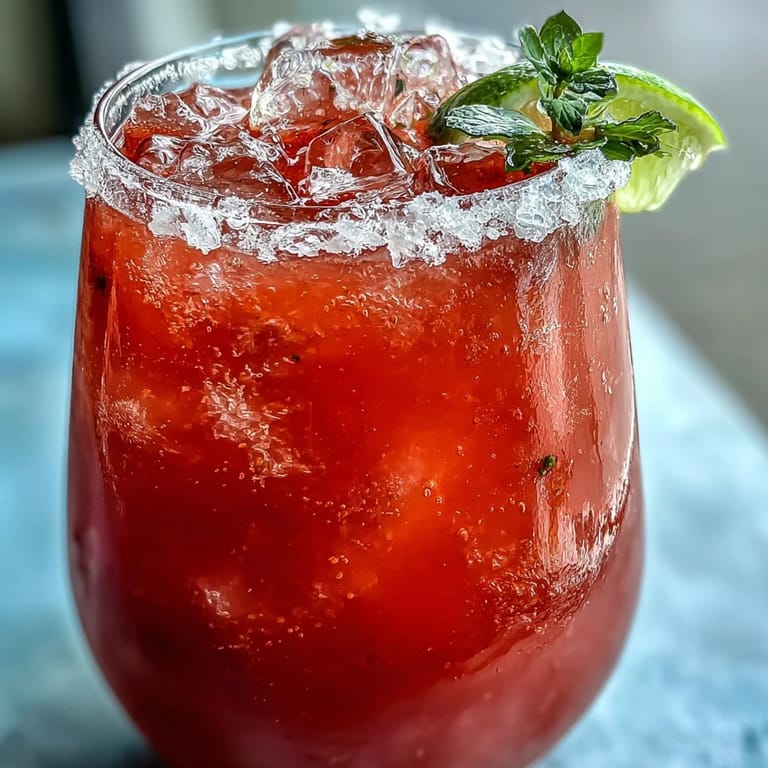Refreshing strawberry agua fresca served over ice with whole berries and citrus garnish for a cooling Mexican drink.