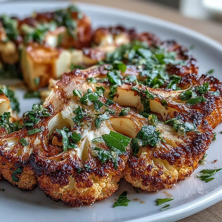 Grilled BBQ Cauliflower Steaks showcasing golden char and a bright, herbaceous chimichurri topping.