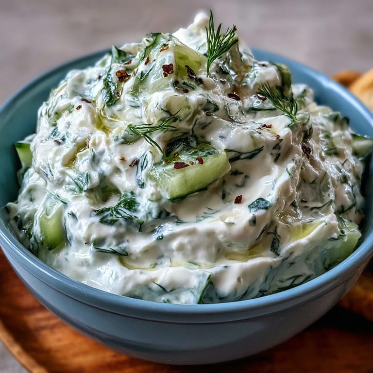 Bright Greek Skyr Tzatziki boasting dill and lemon, ideal for healthy snacking.