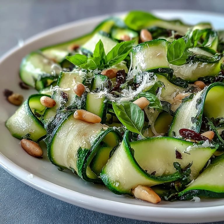 Elegant Shaved Zucchini Ribbon Salad garnished with delicate Parmesan curls, perfect side dish.