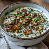 Creamy Mushroom Stroganoff Soup garnished with fresh parsley, a comforting bowl.