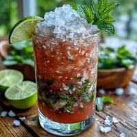 A vibrant Guava Mojito cocktail with fresh mint and lime, served over crushed ice in a glass.