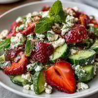 A vibrant spring salad with crisp cucumber, sweet strawberries, and fresh mint leaves tossed in a light lemon dressing.  