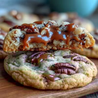 ALT text 1: Buttery pecan cookies with caramel swirl, golden and soft, loaded with toasted nuts and drizzled with sweet caramel sauce.