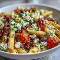 Greek Pasta Salad with Olives and Feta, featuring al dente pasta, briny Kalamata olives, and tangy feta in a herb vinaigrette.