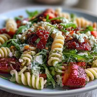 Fresh spring pasta salad with strawberries, feta, and arugula in a light balsamic dressing, perfect for picnics or light lunches.
