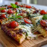 Golden cottage cheese flatbread pizza with bubbly mozzarella and fresh basil, a healthy high-protein dinner ready in 35 minutes.  