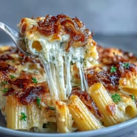French Onion Pasta Bake with caramelized onions and golden Gruyère cheese, baked until bubbly and irresistible.