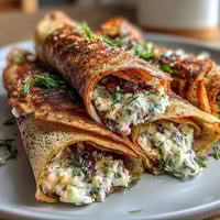 Spring buckwheat crepes filled with fresh vegetables and creamy herbed cheese on a rustic plate.