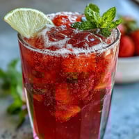 A vibrant glass of strawberry agua fresca with fresh lime slices and mint, perfect for summer refreshment.