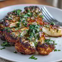 Charred BBQ Cauliflower Steaks topped with vibrant chimichurri, a delicious vegan main dish.
