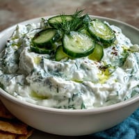 Creamy Greek Skyr Tzatziki with refreshing cucumber and garlic dip on a platter.