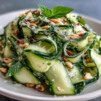 Shaved Zucchini Ribbon Salad: vibrant green ribbons, lemon zest, and Parmesan shavings.